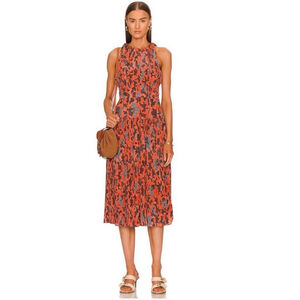Ulla Johnson Amalthea Pleated Silk High Neck Midi Dress Amaryllis Size 4 Orange